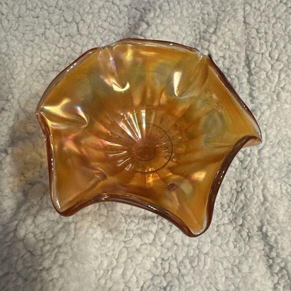 Vintage Carnival Iridescent Amber Marigold Glass Candy Bowl Compote Pedestal‎ - Picture 1 of 4